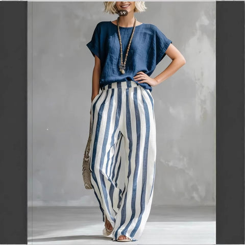 Comfort Classic Striped Cotton and Linen Two-piece Set m302715