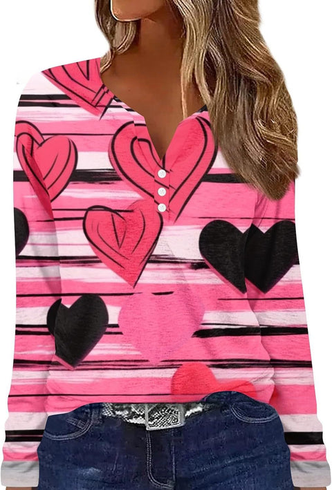 Printed V-neck V-neck three-button long-sleeved T-shirt m300618