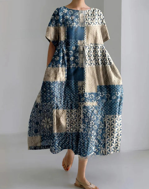 Women's loose crew neck fashion high-end short-sleeved printed dress m301052