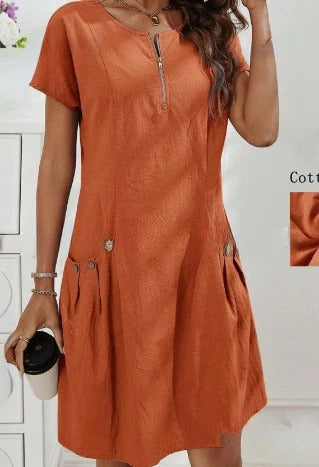 Cotton cotton and linen pocket zipper collar short sleeve dress m302810