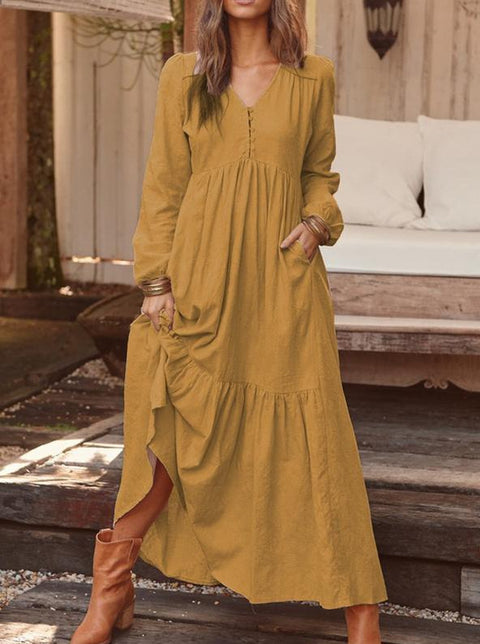 Button cotton and linen retro casual long-sleeved dress big swing long dress multi-color m301374