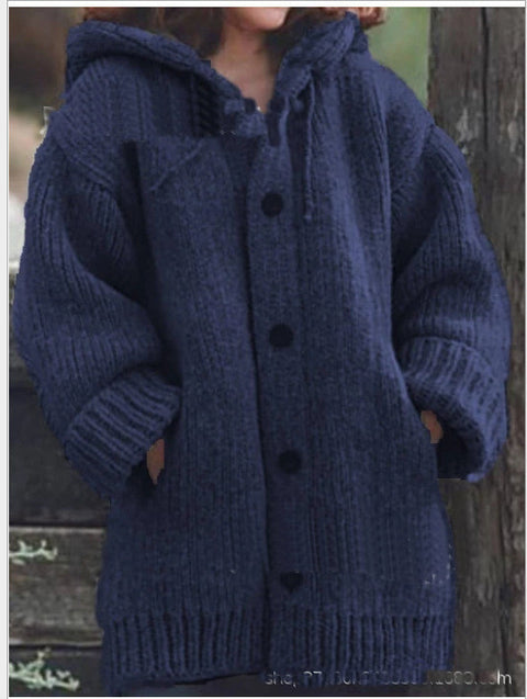 Hooded Solid Sweater Coats Pockets Buttons Shift Sweaters m161511659 (5828971)