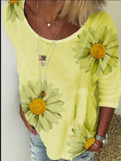 Chrysanthemum print crew neck seven-quarter sleeve T-shirt women's m300893