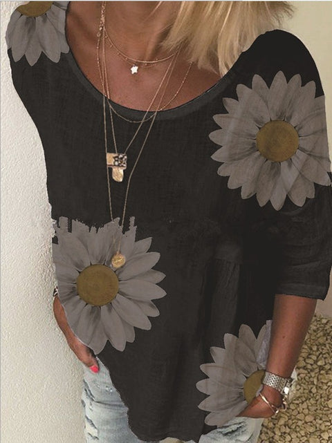 Chrysanthemum print crew neck seven-quarter sleeve T-shirt women's m300893