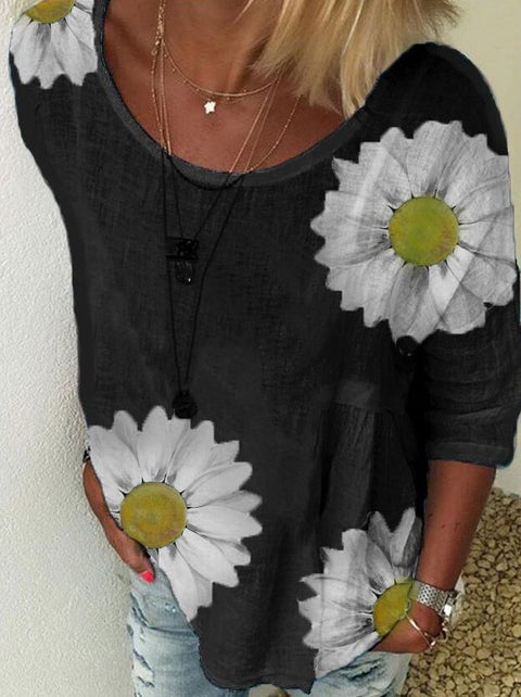 Chrysanthemum print crew neck seven-quarter sleeve T-shirt women's m300893