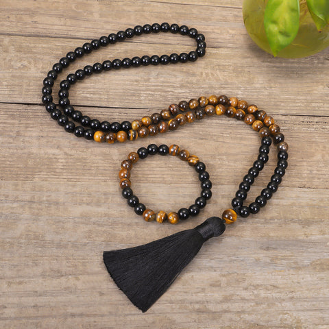 Necklace Set 108 Tiger's Eye Yoga Necklace Tassel Sweater Chain m3331304