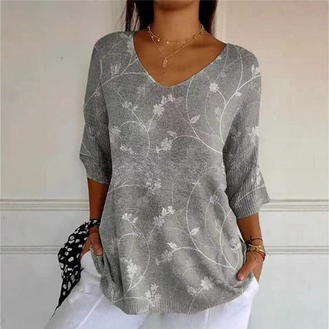 V-neck 3D printed geometric pattern five-quarter sleeve T-shirt top m302777
