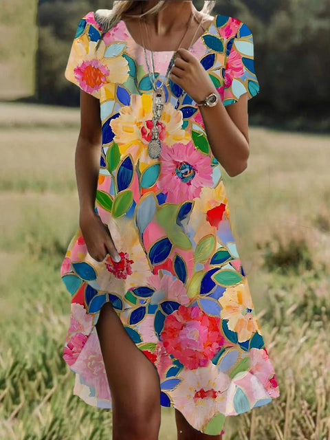 Crew neck short sleeve digital positioning print dress m302906