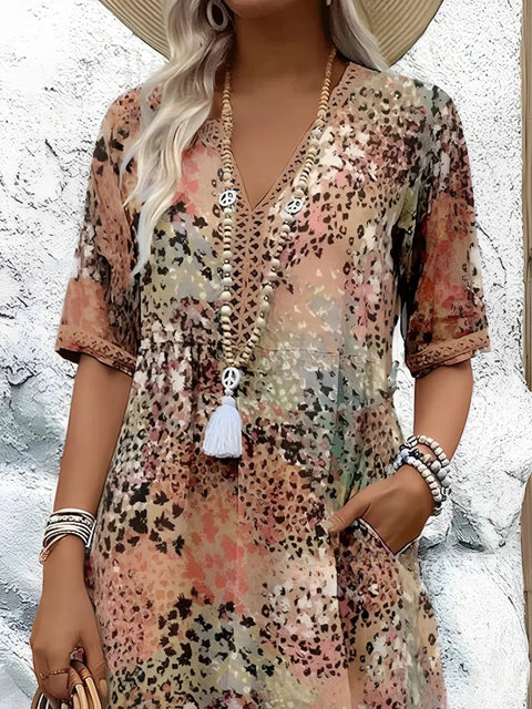 European and American new printed summer V-neck casual vacation pocket dress m301600