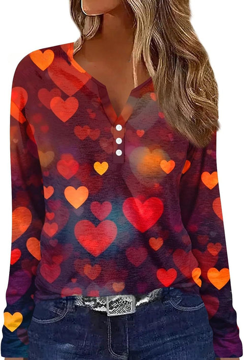 Printed V-neck V-neck three-button long-sleeved T-shirt m300618
