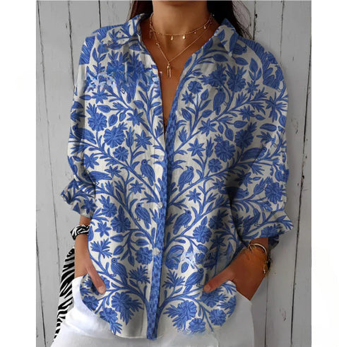 3D digital printing abstract pattern women's long-sleeved buckle linen shirt m301277