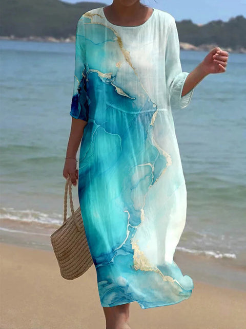 Loose Crew Neck Fashion Premium Long Sleeve Printed Dress m301045