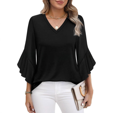 Solid color knitted printed V-neck ruffle edge seven-quarter sleeve loose top m301522