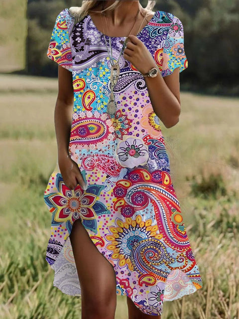 Crew neck short sleeve digital positioning print dress m302906