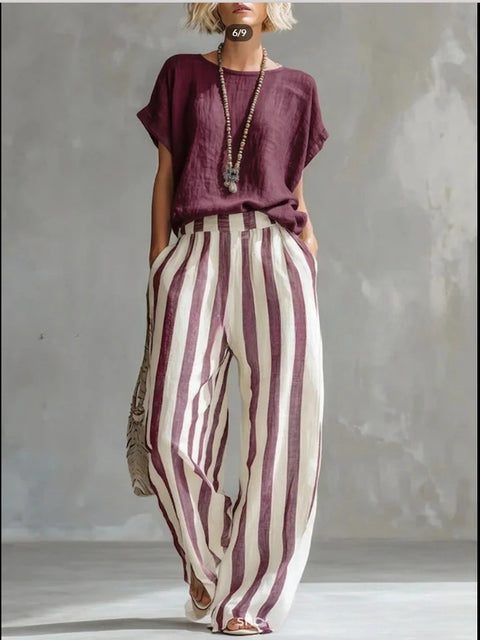 Comfort Classic Striped Cotton and Linen Two-piece Set m302715