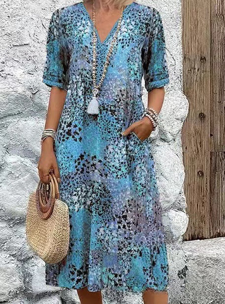 European and American new printed summer V-neck casual vacation pocket dress m301600
