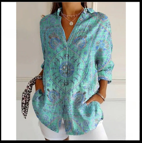 3D digital printing abstract pattern women's long-sleeved buckle linen shirt m302749-01
