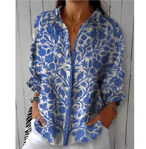 3D digital printing abstract pattern women's long-sleeved buckle linen shirt m302749-01
