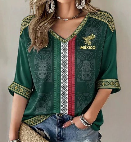 Down shoulder V-neck seven-quarter sleeve 3D printed women's top T-shirt m302844