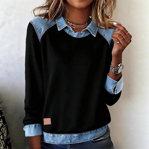 Denim collar long sleeves, pullover spliced knitted sweater top m302161