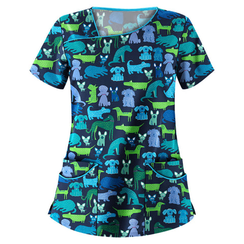 Printed V-neck short-sleeved pocket T-shirt women's top m301596