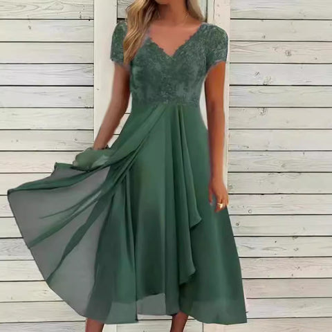 Chiffon splicing v-neck lace hollow dress m301252
