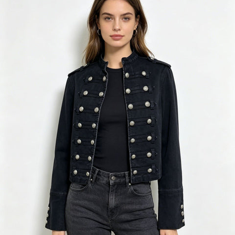 Stand-up collar black washed denim short jacket metal buckle shoulder badge slim fit fashion short women's jacket m303317