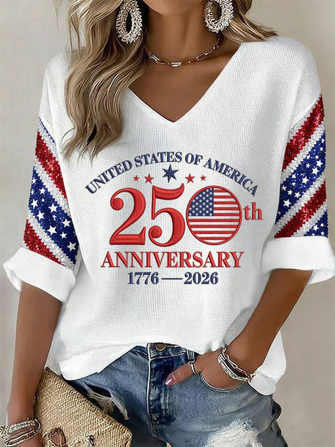Down shoulder V-neck seven-quarter sleeve 3D printed women's top T-shirt m302844