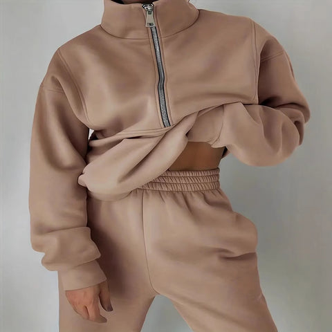 Casual sports home loose and comfortable zipper fleece knitted sweater sweatpants two-piece women's clothing m301654