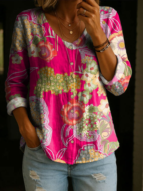 Crew Neck Women's Floral 3D Printed Henley Shirt m303180
