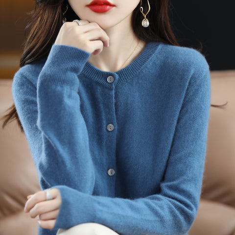 Knitted cardigan early spring crew neck sweater women's long-sleeved solid color versatile jacket women's m301748