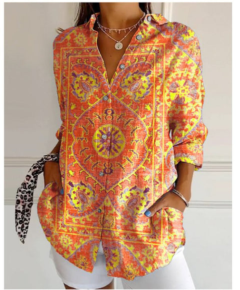 3D digital printing abstract pattern women's long-sleeved buckle linen shirt m302749-01