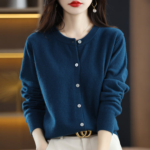 Knitted cardigan early spring crew neck sweater women's long-sleeved solid color versatile jacket women's m301748