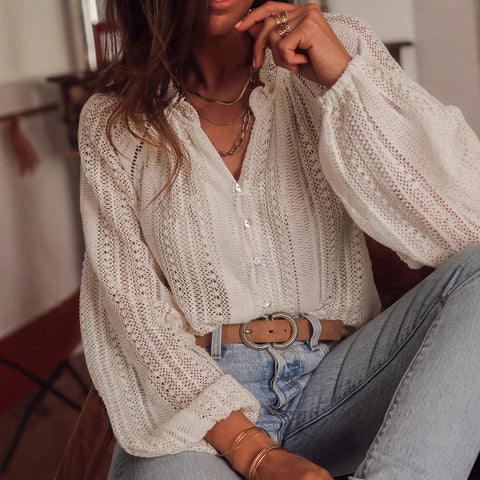 Solid color hollow loose long-sleeved top simple wind single row multi-button lining m301331