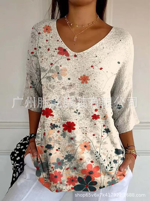 V-neck 3D printed geometric pattern five-quarter sleeve T-shirt top m302777