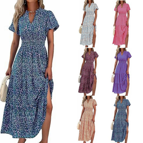 V-Ausschnitt, Plissiert, bedrucktes Kurzarmkleid m300104 