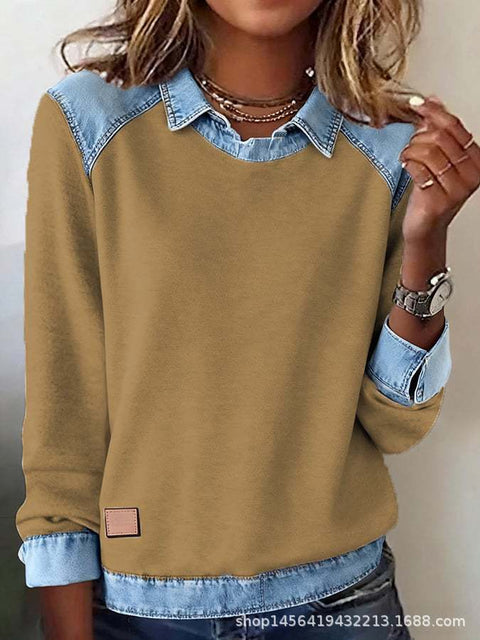Denim collar long sleeves, pullover spliced knitted sweater top m302161