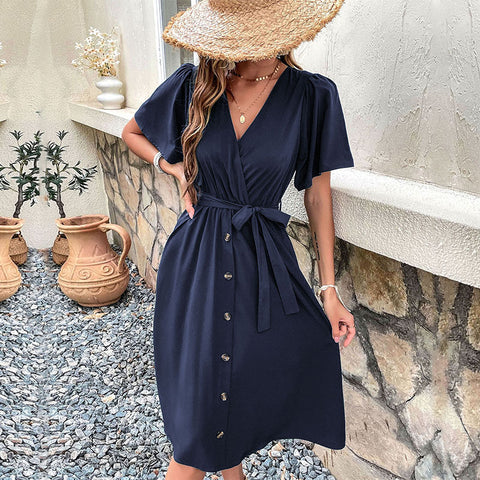women's clothing horn sleeve waist lace-up dress m300852