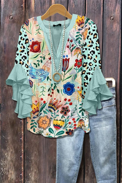 Kreativer Digitaldruck mit Blumenelementdruck, lässiger Trend, V-Ausschnitt, Lotuskante, T-Shirt m301358 