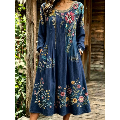 Mid-waist women's casual crew neck print women's dress FF303278