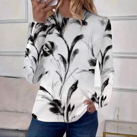 Women's Loose Fashion Retro Classic Printed Crew Neck Long Sleeve T-Shirt m301237