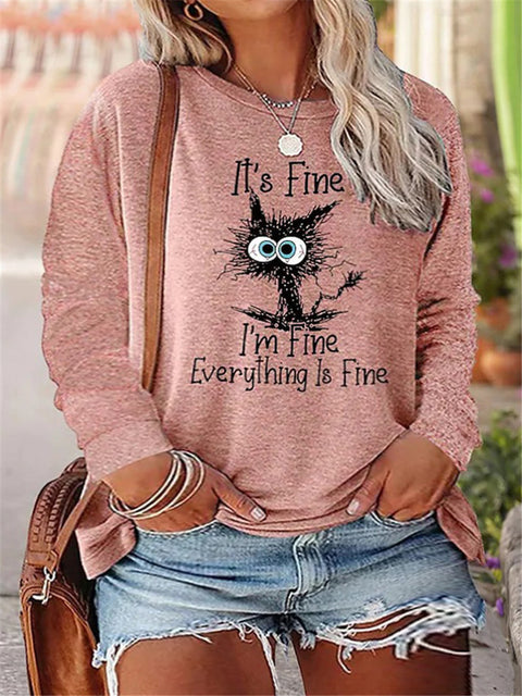Black Cat Cartoon Printed Women's Crew Neck Long Sleeve T-Shirt M800016