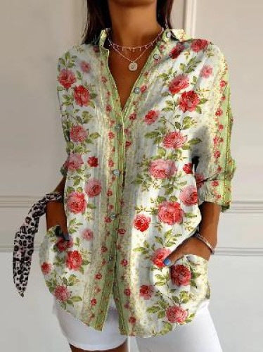 3D digital printing abstract pattern women's long-sleeved buckle linen shirt m302749-01
