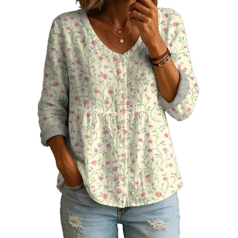 Crew Neck Women's Floral 3D Printed Henley Shirt m303180