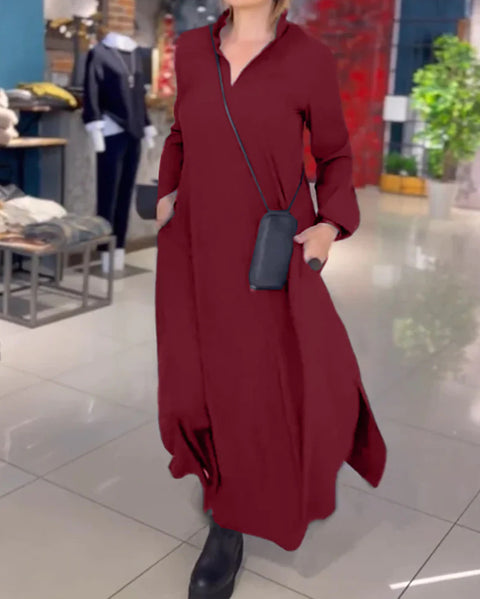 Casual solid color V-neck long-sleeved dress women's m301337