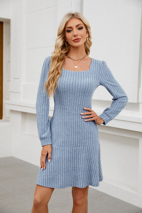 Square neck lantern sleeve doll pocket long sleeve dress m300921
