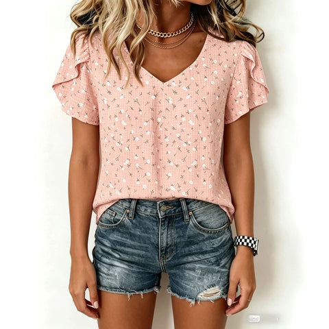 Loose and versatile casual top women's light blue small floral V-neck ruffle edge short sleeve m302738