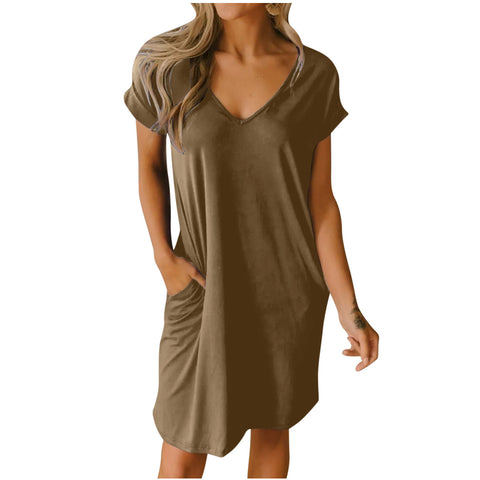 Solid V-neck Short sleeved Pocket Mid length Skirt M300121