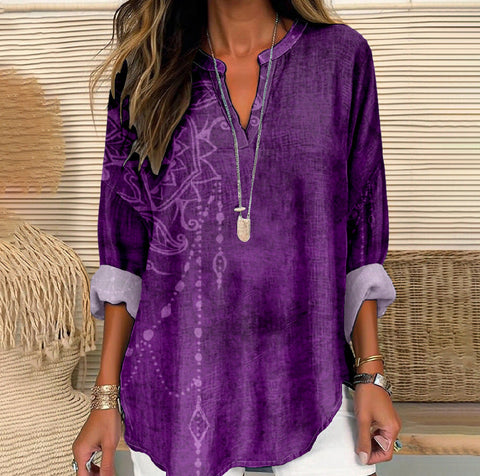 3D marble shading trendy V-neck shoulder shirt curved hem long sleeve m301292