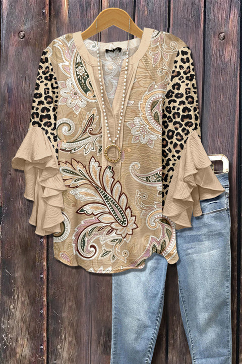 Digital printing casual trend V-neck lotus edge T-shirt women's m302725-2